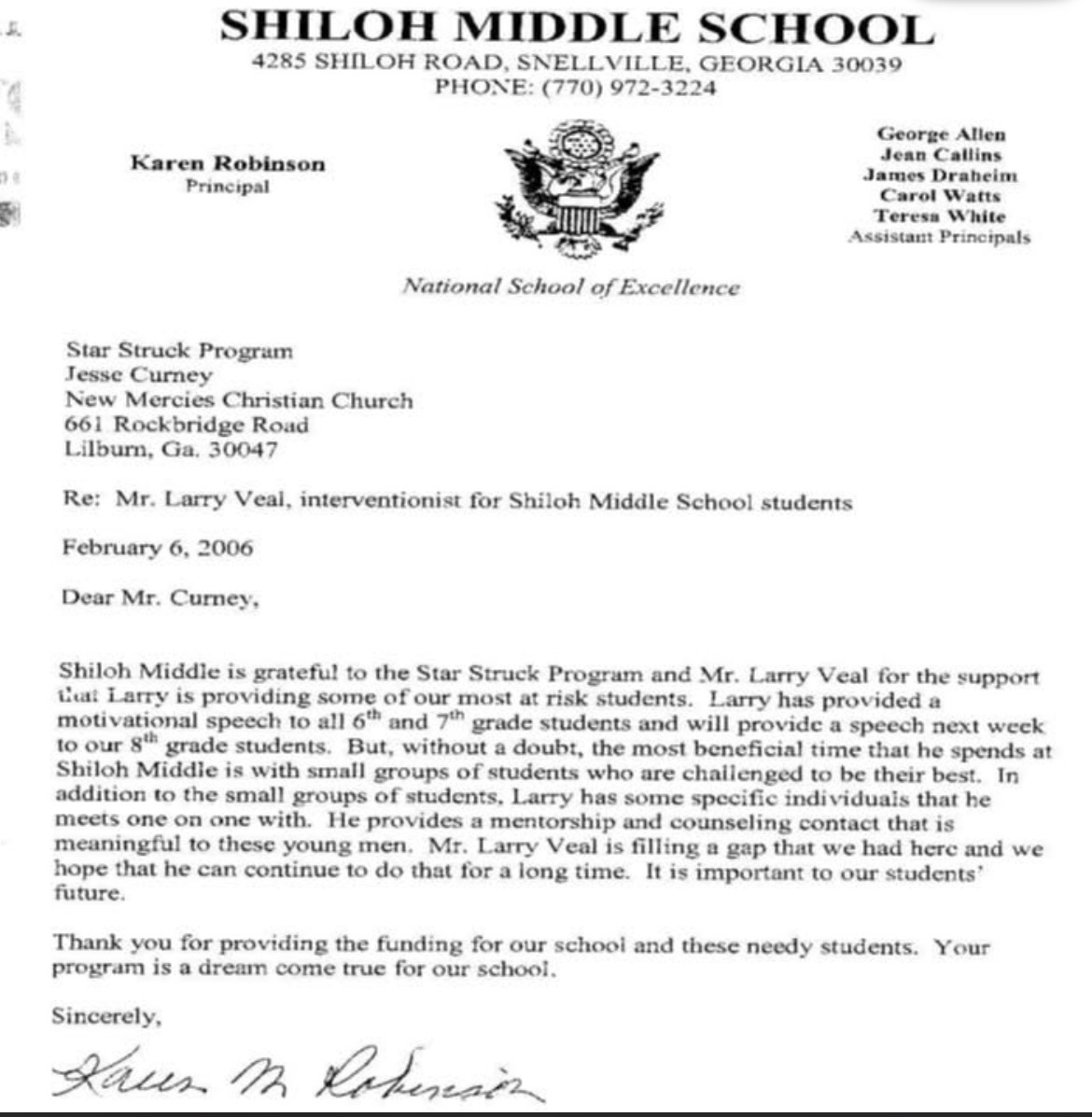 Letter from Principal Karen Robinson, Shiloh Middle School — February 6, 2006