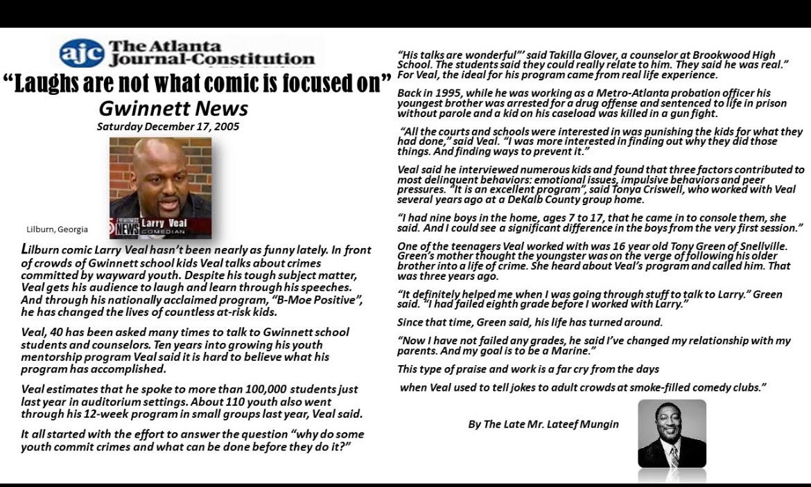 Atlanta Journal-Constitution article from December 17, 2005, headlined Laughs are not what comic is focused on, by Lateef Mungin