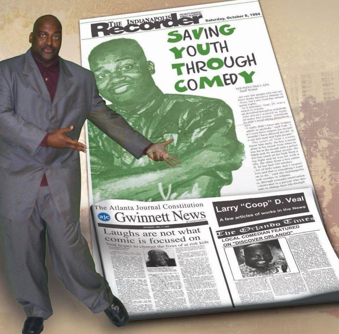 Collage of newspaper coverage: The Indianapolis Recorder front page, October 8, 1994, headlined Saving Youth Through Comedy, above The Atlanta Journal-Constitution Gwinnett News article headlined Laughs are not what comic is focused on